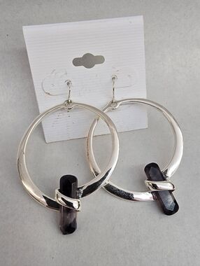 Silver Hoop Earrings with Dark Purple Crystal Accent - Women Jewelry